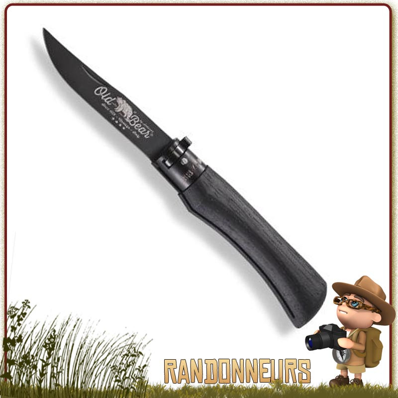Couteau Old Bear Total Black virole noire taille S manche bois lame 7 cm acier AISI 420 revêtement PTFE noir Couteau Old Bear Total Black virole noire taille S manche bois lame 7 cm acier AISI 420 revêtement PTFE noir