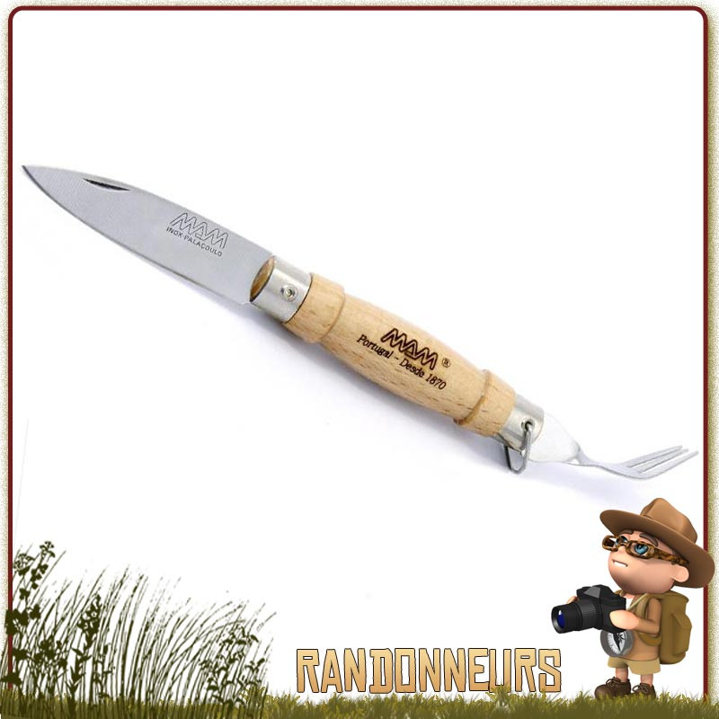 Set Couteau et Couverts de Camping M.A.M. Lame acier inox 6 cm. Manche Hêtre 8 cm idéal pour le trekking Set Couteau et Couverts de Camping M.A.M. Lame acier inox 6 cm. Manche Hêtre 8 cm idéal pour le trekking