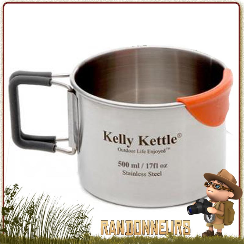 Tasse Acier Inox ultra robuste de 50 cl Kelly Kettle avec anses repliables et embout silicone anti brulures