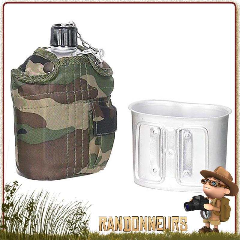 Set gourde aluminium armée us et sa housse polyester robuste camouflage, avec doublure isolante